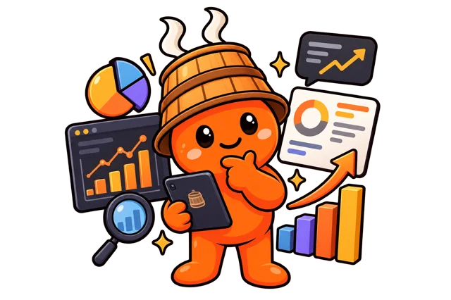 Sauna mascot presenting server analytics